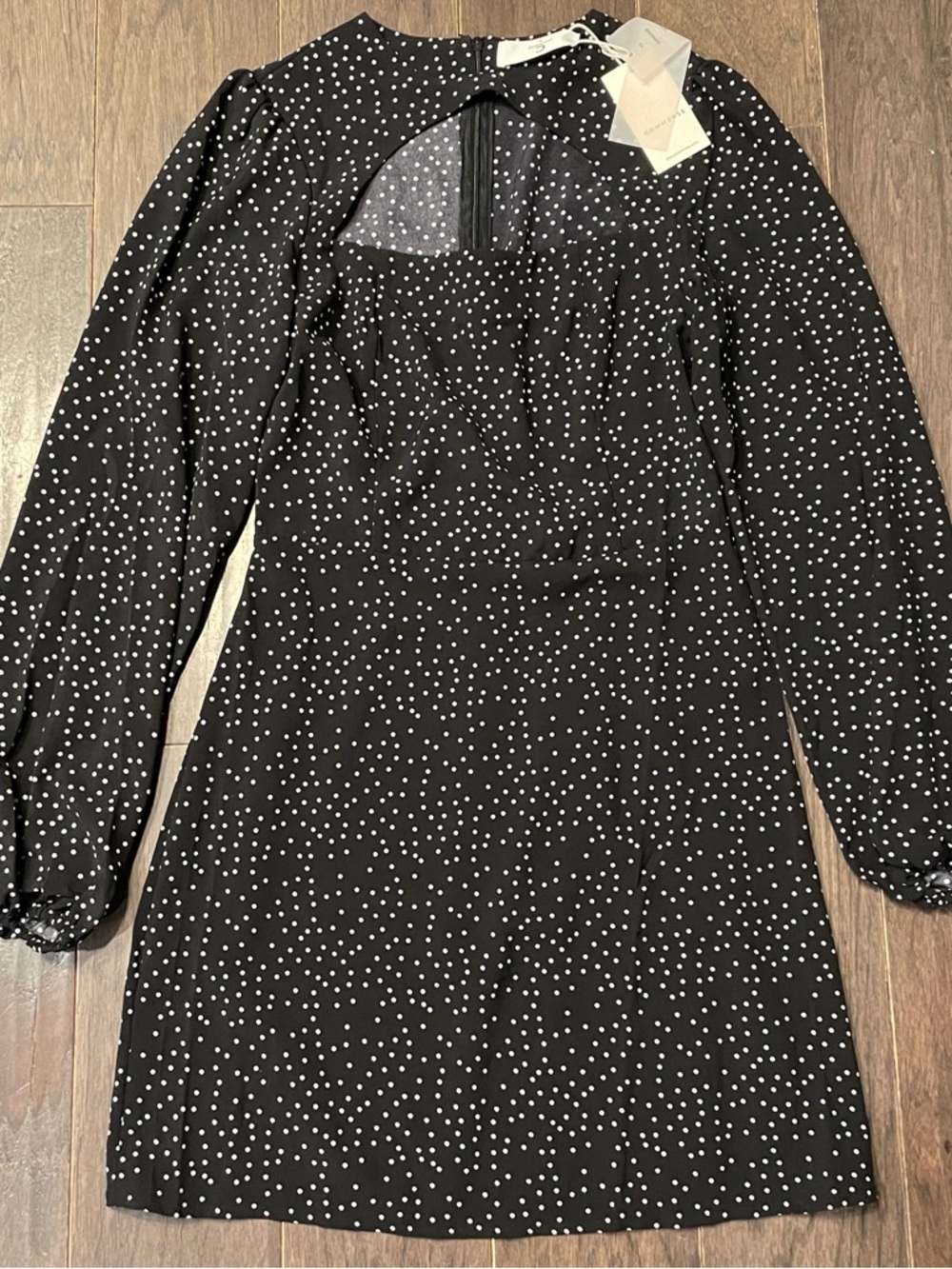 Commense Black and White Polka Dot Long-Sleeve Mini Dress